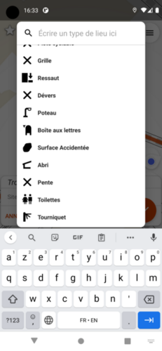 Capture d'écran du choix de type d'obstacle
