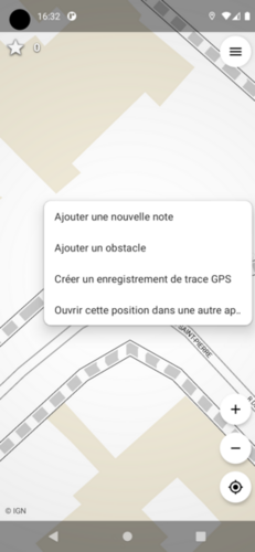 Capture d'écran du menu sur appui long